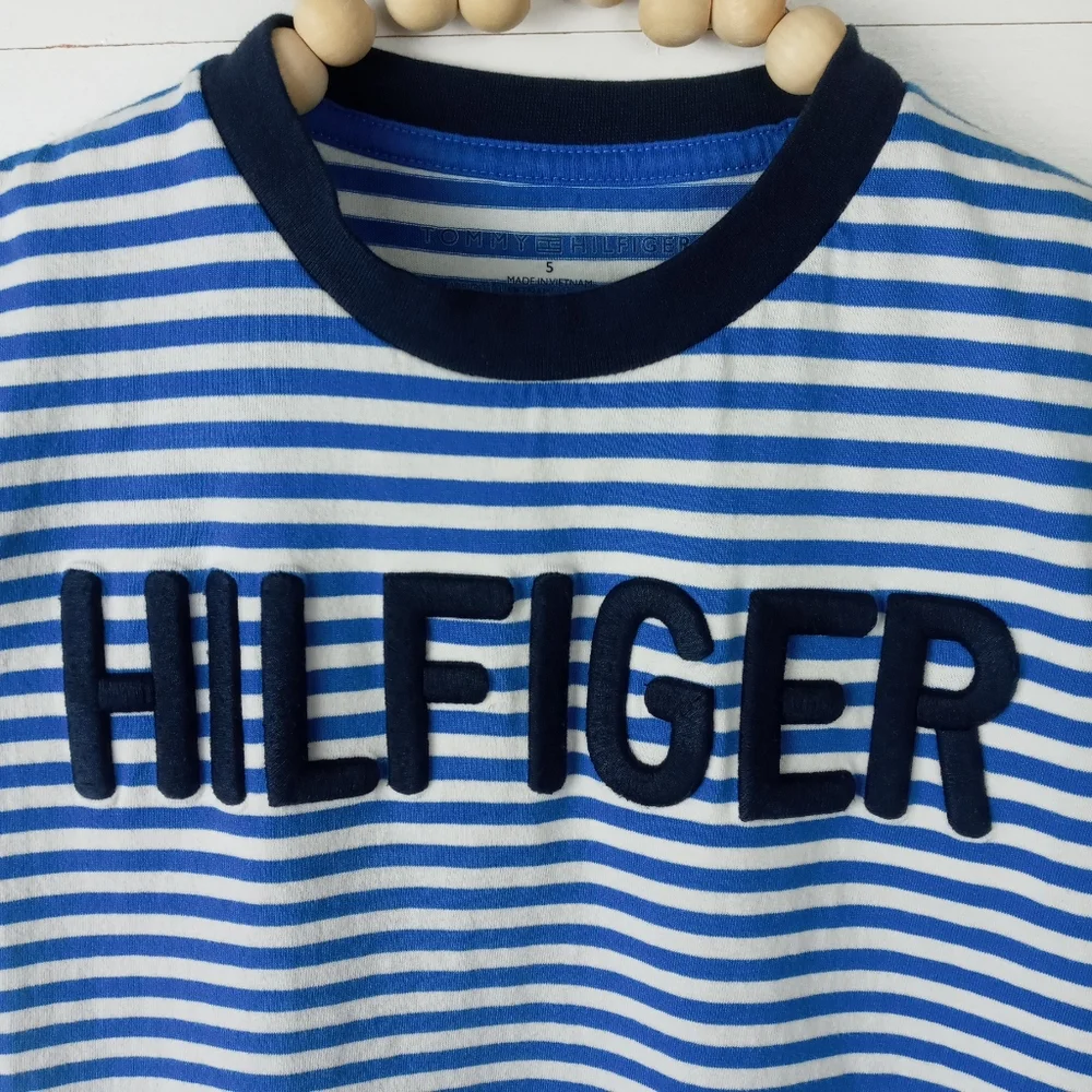 Tommy Hilfiger boys size 5 royal blue white striped, raised stitched letter logo